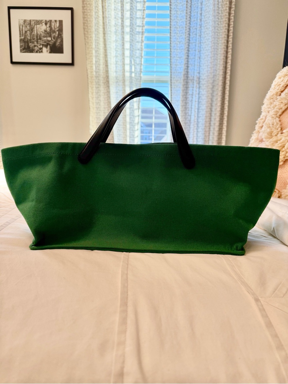 Large Green Canvas Tote Black Leather Handles Minimalist Work Bag